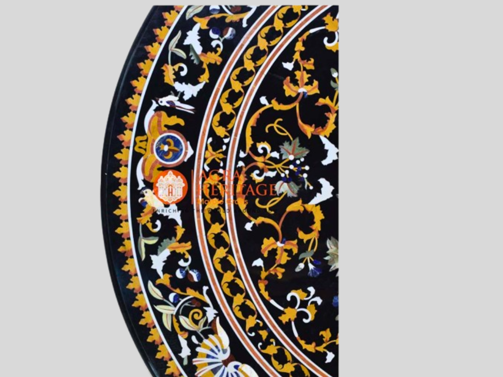 Black Marble Inlay Dining Table Top Pietra Dura Inlay Italian Design